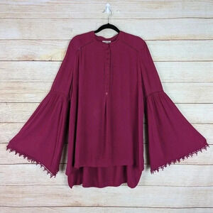 Umgee Size Large Popover Tunic Top Hot Pink Long Trumpet Sleeve High Low Hem